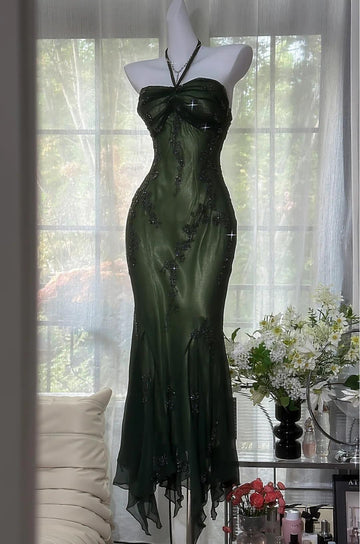Niulatu Halter Mermaid Long Prom Dresses Chiffon Beaded Dark Green Long Formal Dresses HZ1026